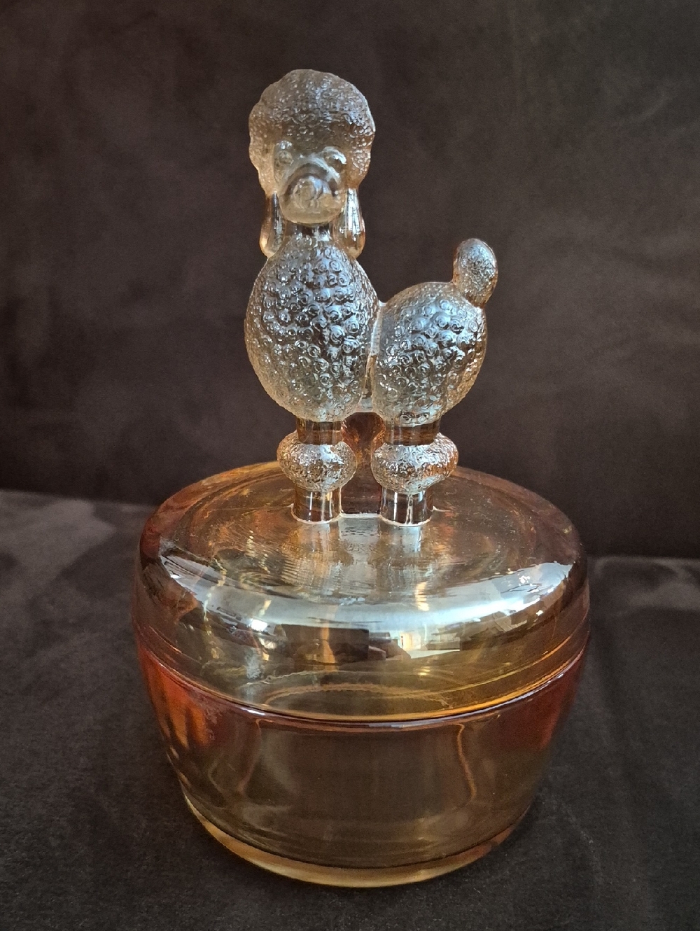Jeannette French Poodle Marigold Carnival Glass Vanity Jar